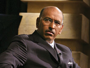 Michael Steele turns around during a TV interview.