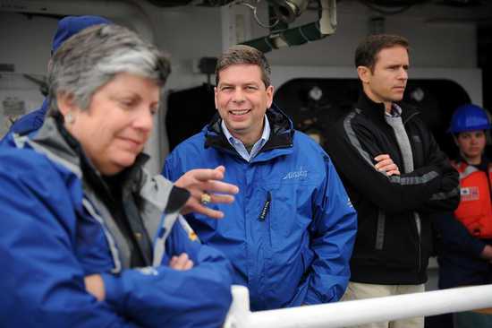 Alaska Sen. Mark Begich in a tour of the U.S. Coast Guard Cutter Bertholf in Cold Bay.