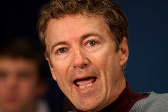 Rand Paul speaking to his father's supporters at a 