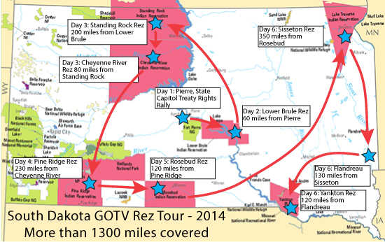 Map of South Dakota detailing 1,300-mile GOTV tour of the state's American Indian reservations.