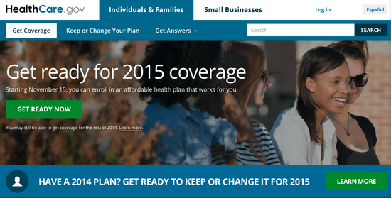 Screenshot of Healthcare.gov main page in anticipation of 2015 enrollment period