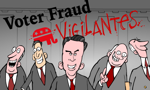 Cartoon by Mark Fiore -- Voter fraud vigilantes
