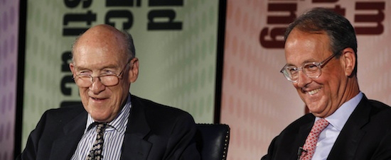National Commission on Fiscal Responsibility and Reform co-Chairmen Alan Simpson (L) and Erskine Bowles (R) speak at the U.S. Chamber of Commerce 