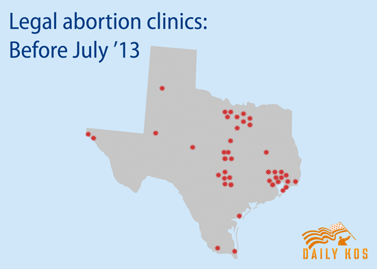 Animated GIF map of legal abortion clinics in Texas before and after ambulatory surgical clinic law.
