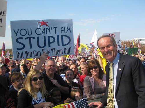 Todd Akin at rally, sign says 